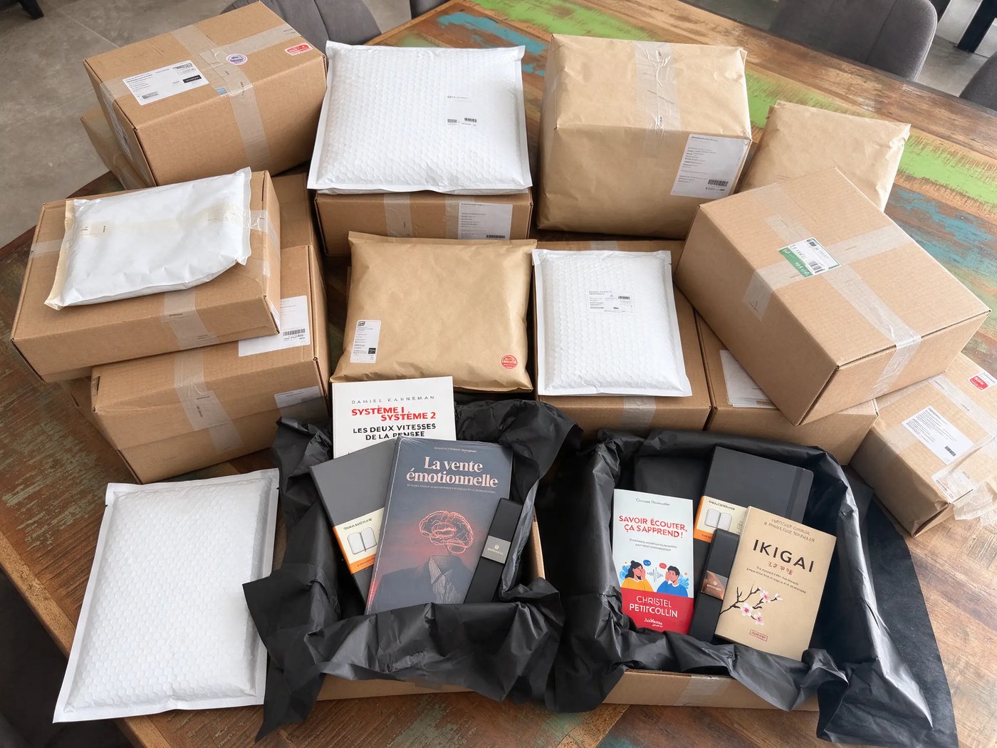 Colis de bienvenue Human First Selling préparés avant expédition